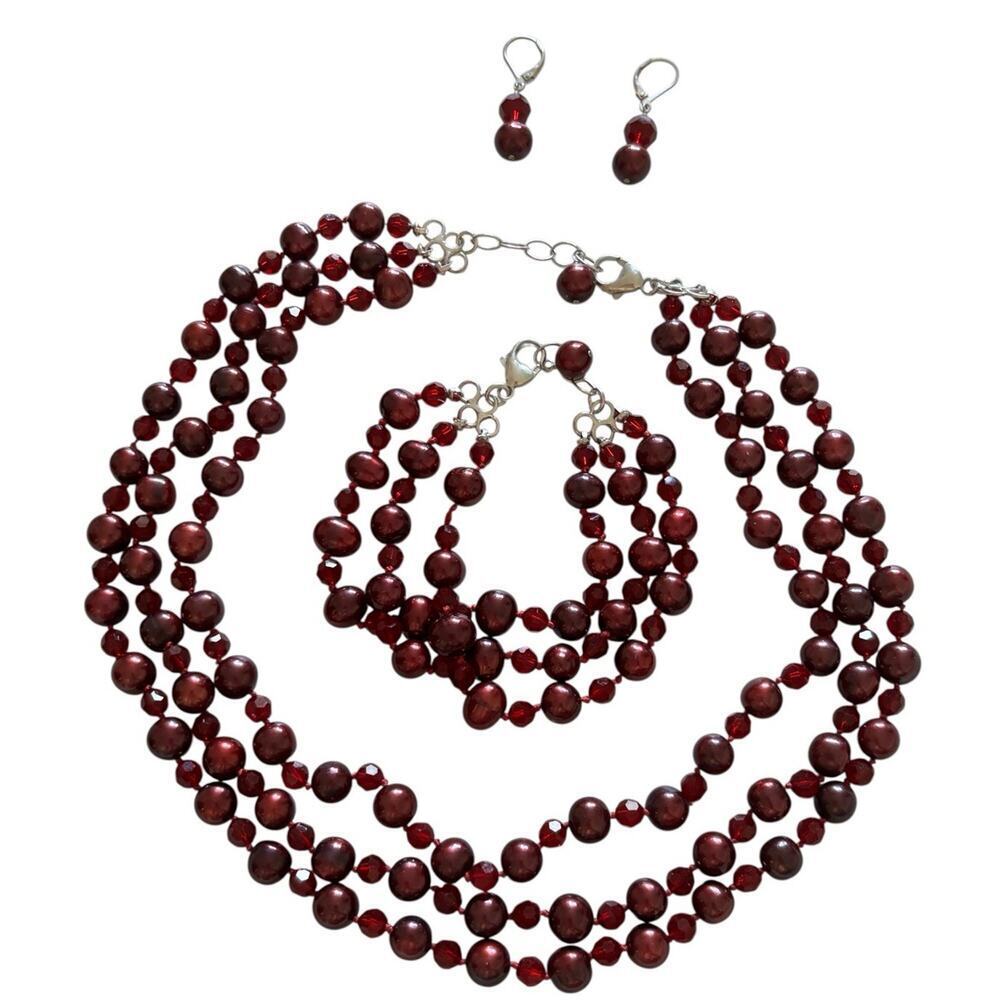 Burgundy Red Pearl Crystal Necklace Bracelet Earring Set Sterling Silver 925